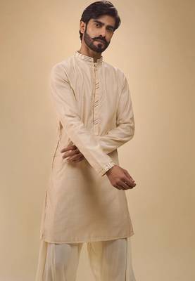stylish beige cotton silk kurta set with drape salwar for men 2