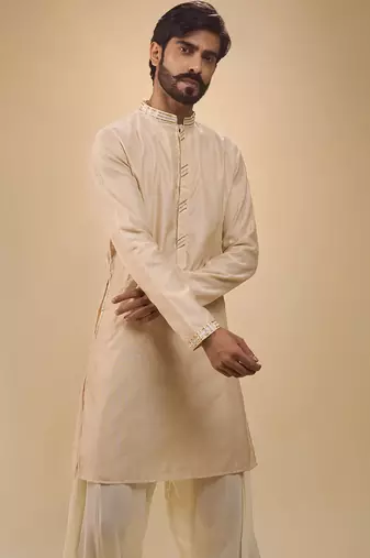 stylish beige cotton silk kurta set with drape salwar for men
