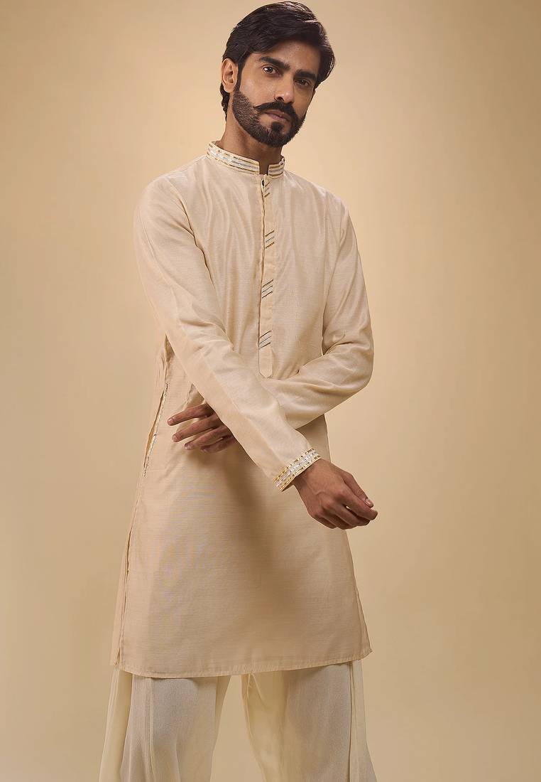 stylish beige cotton silk kurta set with drape salwar for men