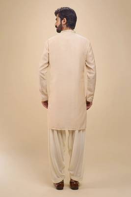 stylish beige cotton silk kurta set with drape salwar for men 3