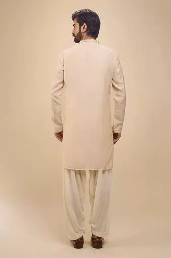 stylish beige cotton silk kurta set with drape salwar for men