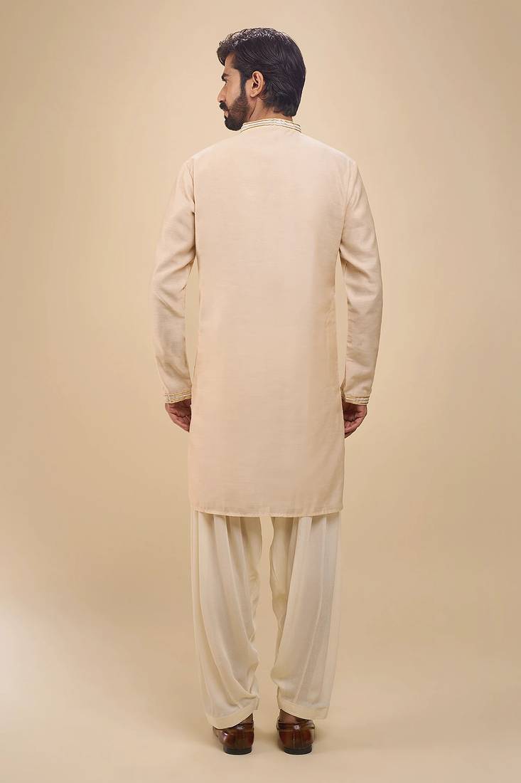 stylish beige cotton silk kurta set with drape salwar for men