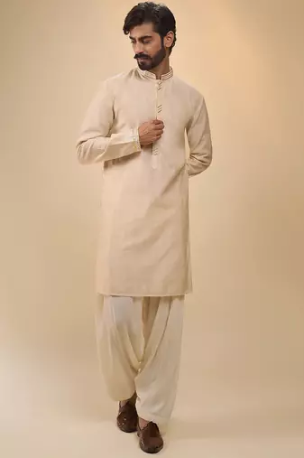 stylish beige cotton silk kurta set with drape salwar for men