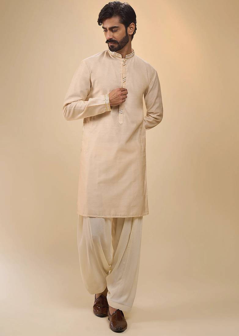 stylish beige cotton silk kurta set with drape salwar for men