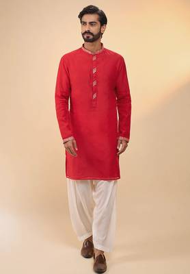stylish red cotton silk kurta set with drape salwar for men 1
