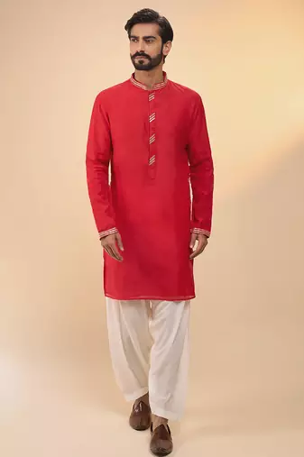 stylish red cotton silk kurta set with drape salwar for men