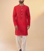 stylish red cotton silk kurta set with drape salwar for men