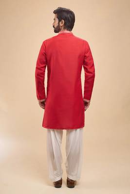 stylish red cotton silk kurta set with drape salwar for men 2