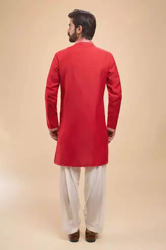 stylish red cotton silk kurta set with drape salwar for men