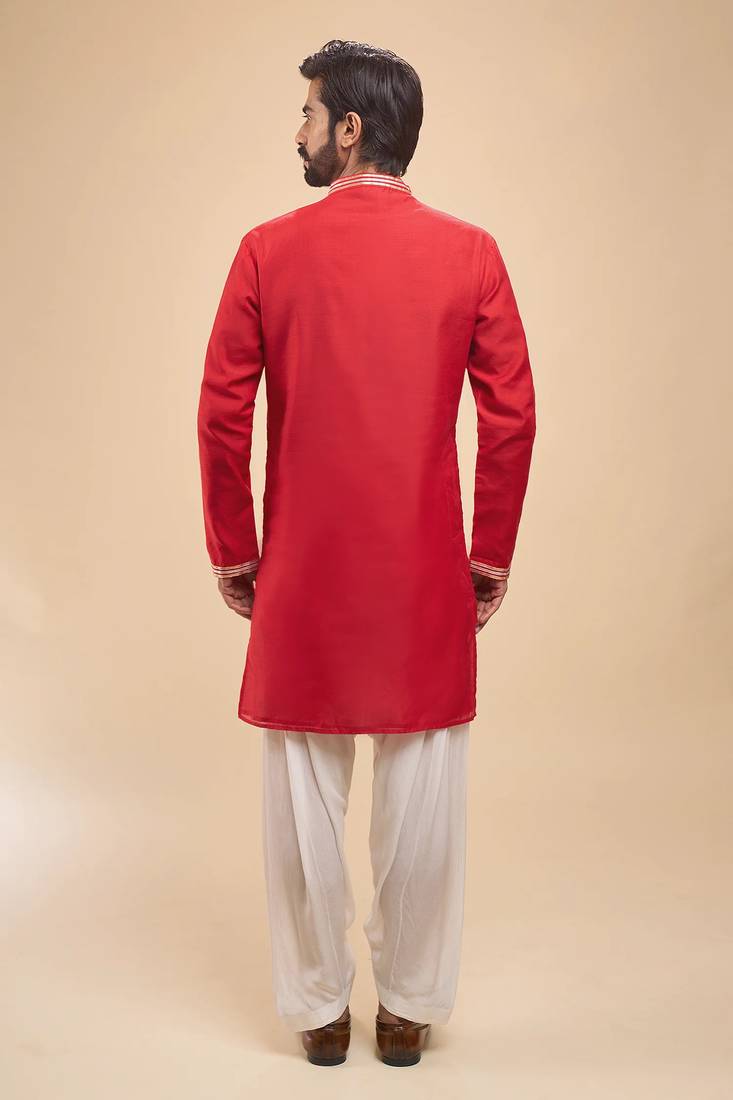 stylish red cotton silk kurta set with drape salwar for men