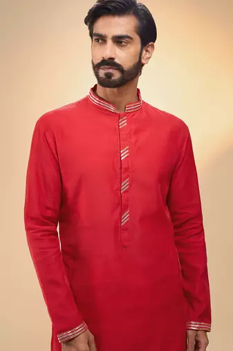 stylish red cotton silk kurta set with drape salwar for men