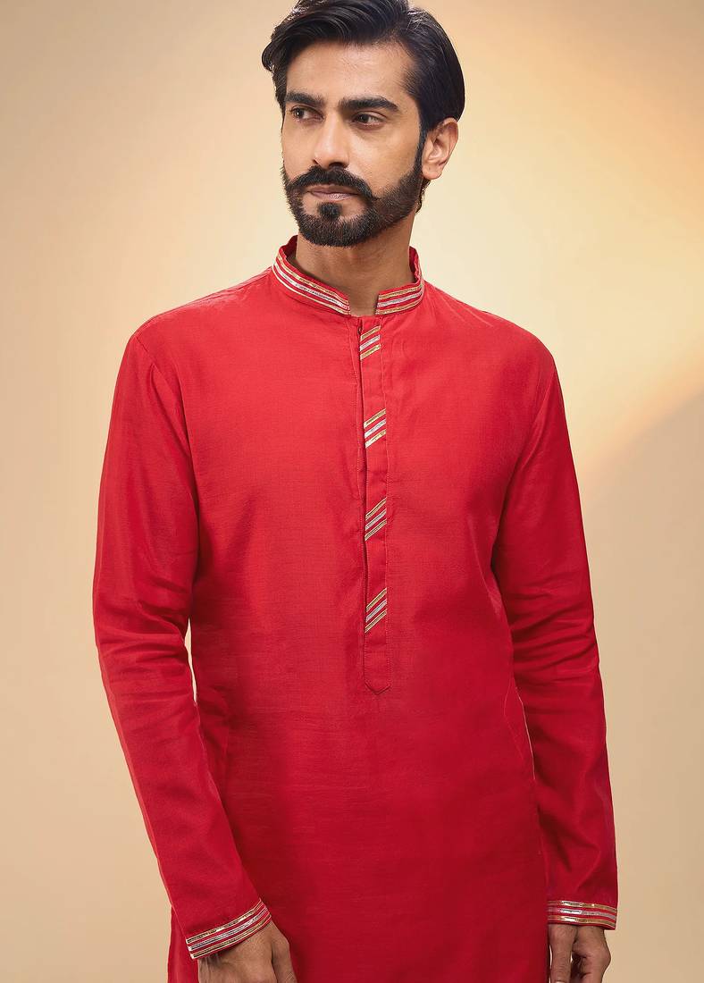 stylish red cotton silk kurta set with drape salwar for men