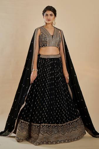 Glamorous Black Zari and Sequins Embroidered Faux Georgette Indian Designer Wedding Party wear Lehenga choli