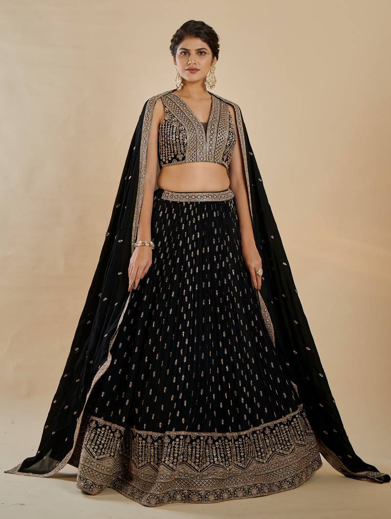 Glamorous Black Zari and Sequins Embroidered Faux Georgette Indian Designer Wedding Party wear Lehenga choli