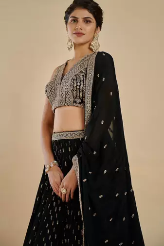 Glamorous Black Zari and Sequins Embroidered Faux Georgette Indian Designer Wedding Party wear Lehenga choli