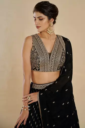 Glamorous Black Zari and Sequins Embroidered Faux Georgette Indian Designer Wedding Party wear Lehenga choli