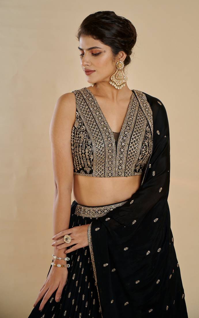 Glamorous Black Zari and Sequins Embroidered Faux Georgette Indian Designer Wedding Party wear Lehenga choli