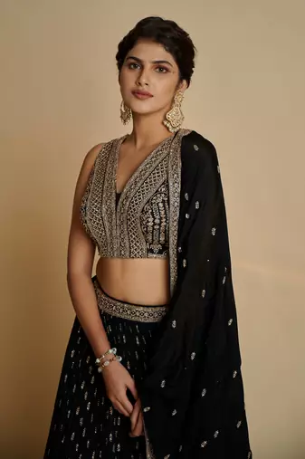 Glamorous Black Zari and Sequins Embroidered Faux Georgette Indian Designer Wedding Party wear Lehenga choli