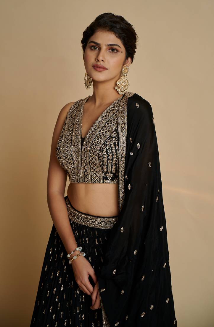 Glamorous Black Zari and Sequins Embroidered Faux Georgette Indian Designer Wedding Party wear Lehenga choli