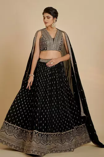 Glamorous Black Zari and Sequins Embroidered Faux Georgette Indian Designer Wedding Party wear Lehenga choli
