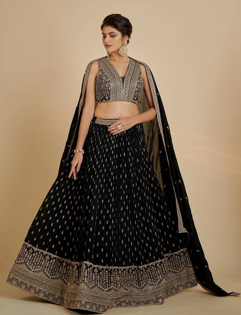 Glamorous Black Zari and Sequins Embroidered Faux Georgette Indian Designer Wedding Party wear Lehenga choli