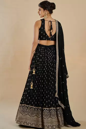 Glamorous Black Zari and Sequins Embroidered Faux Georgette Indian Designer Wedding Party wear Lehenga choli