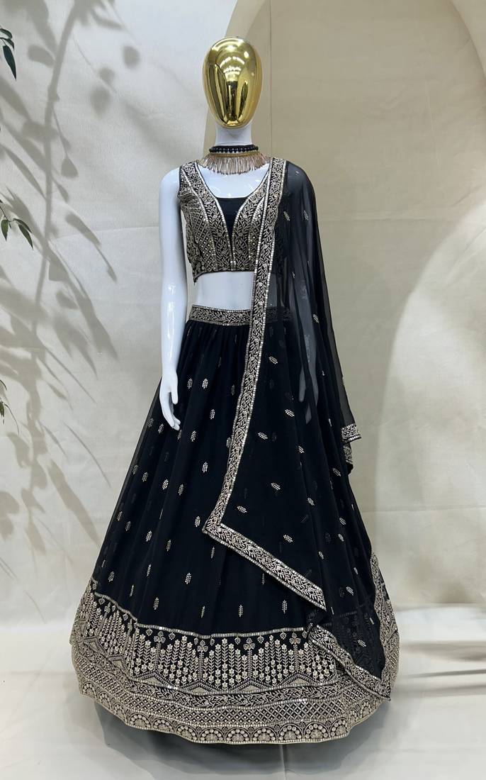 Glamorous Black Zari and Sequins Embroidered Faux Georgette Indian Designer Wedding Party wear Lehenga choli
