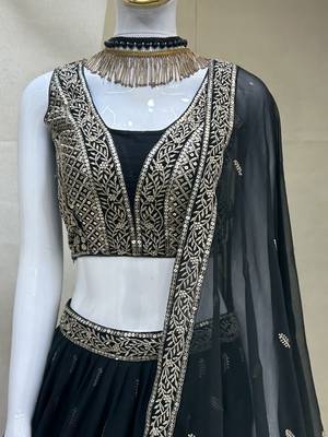 Glamorous Black Zari and Sequins Embroidered Faux Georgette Indian Designer Wedding Party wear Lehenga choli 8