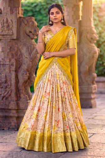 Floral Printed Dola Chex Lehenga Choli with Zari Weaving Border and Sequins Embroidered Dupatta