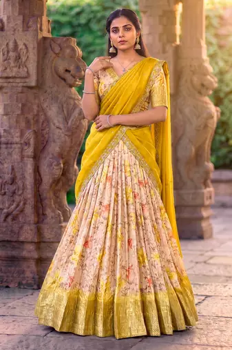 Floral Printed Dola Chex Lehenga Choli with Zari Weaving Border and Sequins Embroidered Dupatta