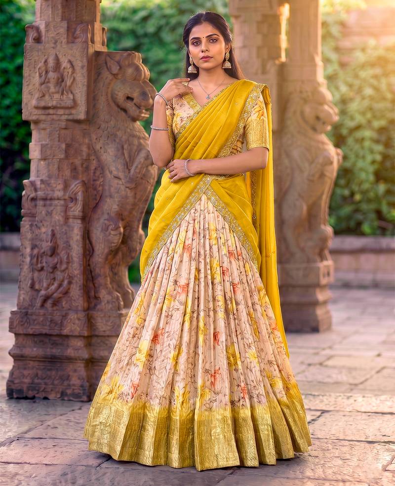Floral Printed Dola Chex Lehenga Choli with Zari Weaving Border and Sequins Embroidered Dupatta