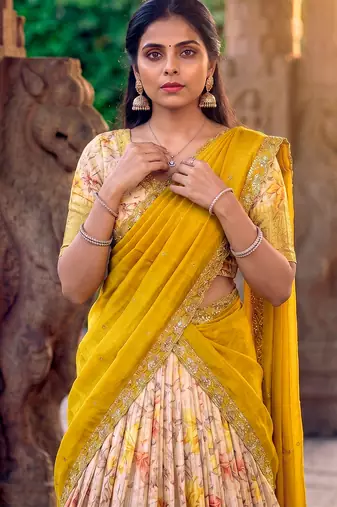Floral Printed Dola Chex Lehenga Choli with Zari Weaving Border and Sequins Embroidered Dupatta