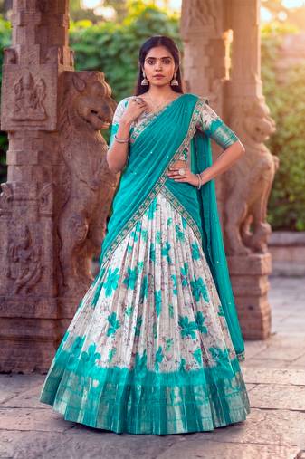 Floral Printed Dola Chex Lehenga Choli with Zari Weaving Border and Sequins Embroidered Dupatta