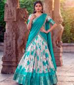 Floral Printed Dola Chex Lehenga Choli with Zari Weaving Border and Sequins Embroidered Dupatta