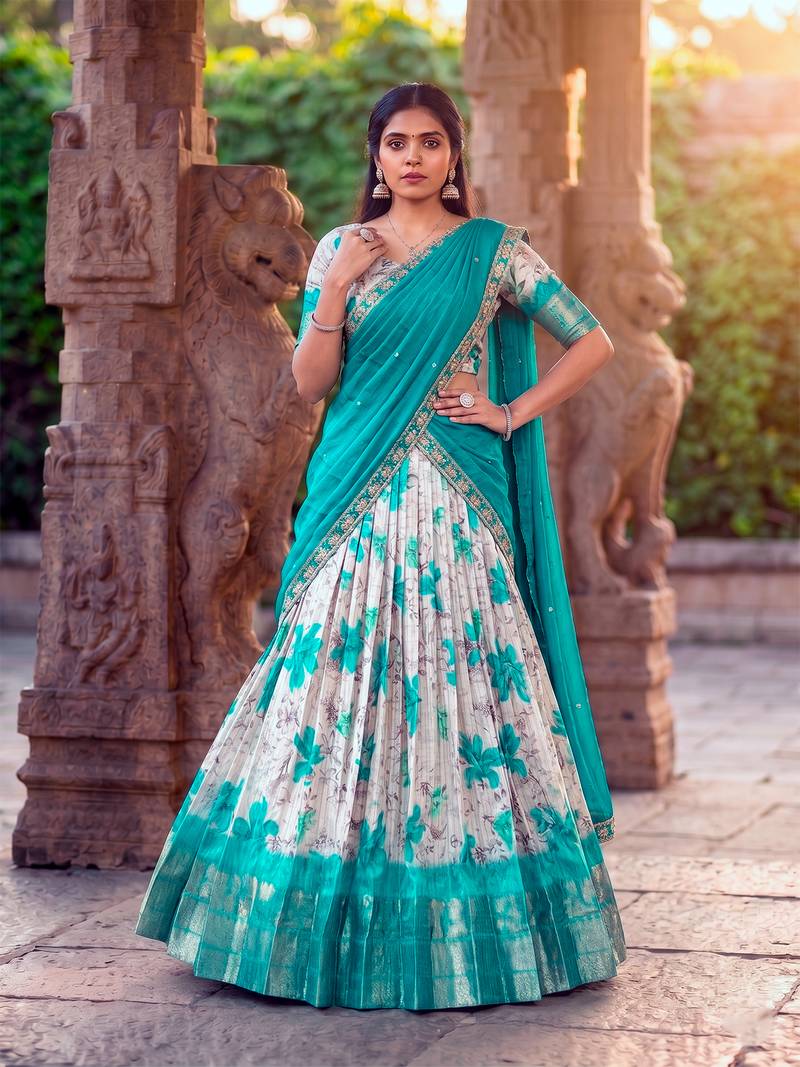 Floral Printed Dola Chex Lehenga Choli with Zari Weaving Border and Sequins Embroidered Dupatta