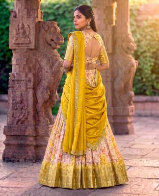Floral Printed Dola Chex Lehenga Choli with Zari Weaving Border and Sequins Embroidered Dupatta 3