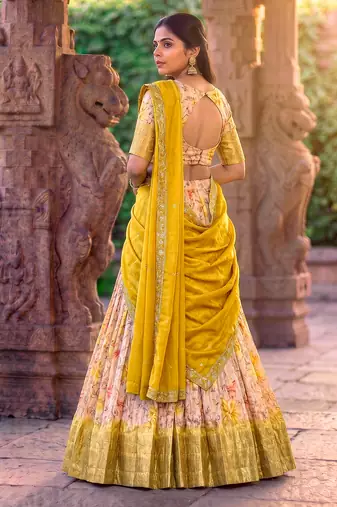Floral Printed Dola Chex Lehenga Choli with Zari Weaving Border and Sequins Embroidered Dupatta