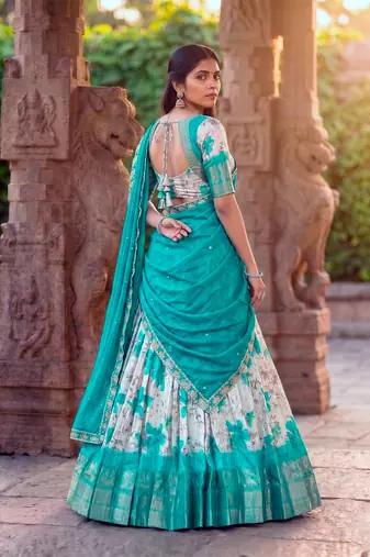 Floral Printed Dola Chex Lehenga Choli with Zari Weaving Border and Sequins Embroidered Dupatta