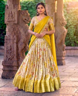 Floral Printed Dola Chex Lehenga Choli with Zari Weaving Border and Sequins Embroidered Dupatta 4