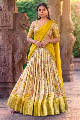 Floral Printed Dola Chex Lehenga Choli with Zari Weaving Border and Sequins Embroidered Dupatta