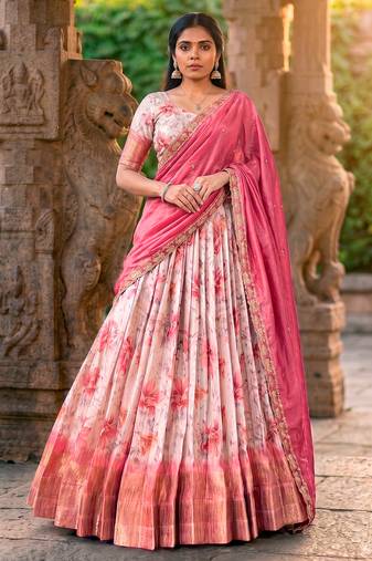 Floral Printed Dola Chex Lehenga Choli with Zari Weaving Border and Sequins Embroidered Dupatta