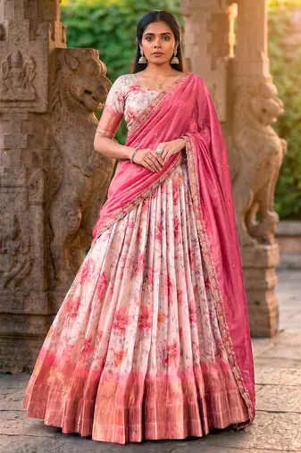 Floral Printed Dola Chex Lehenga Choli with Zari Weaving Border and Sequins Embroidered Dupatta