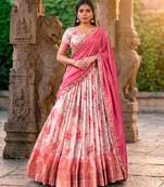 Floral Printed Dola Chex Lehenga Choli with Zari Weaving Border and Sequins Embroidered Dupatta