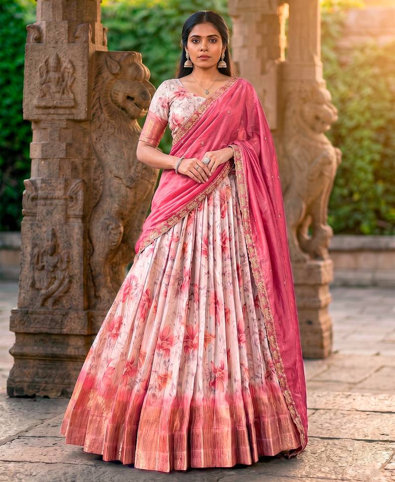 Floral Printed Dola Chex Lehenga Choli with Zari Weaving Border and Sequins Embroidered Dupatta