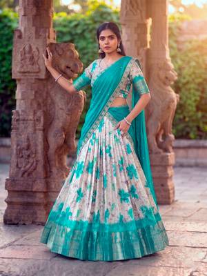 Floral Printed Dola Chex Lehenga Choli with Zari Weaving Border and Sequins Embroidered Dupatta 4