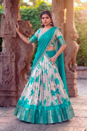 Floral Printed Dola Chex Lehenga Choli with Zari Weaving Border and Sequins Embroidered Dupatta