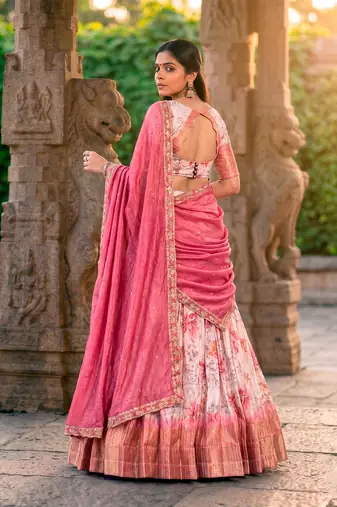 Floral Printed Dola Chex Lehenga Choli with Zari Weaving Border and Sequins Embroidered Dupatta