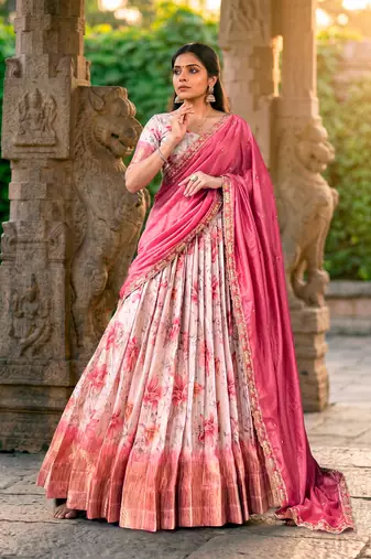 Floral Printed Dola Chex Lehenga Choli with Zari Weaving Border and Sequins Embroidered Dupatta