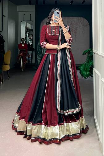 Designer Chinon Lehenga Choli with Embossed Lace & Real Mirror Work for Navratri- Full stitched free size
