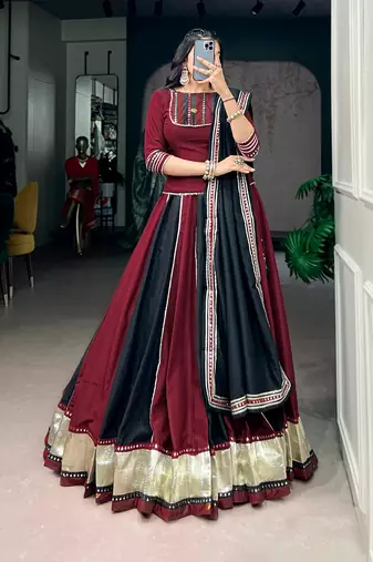 Designer Chinon Lehenga Choli with Embossed Lace & Real Mirror Work for Navratri- Full stitched free size